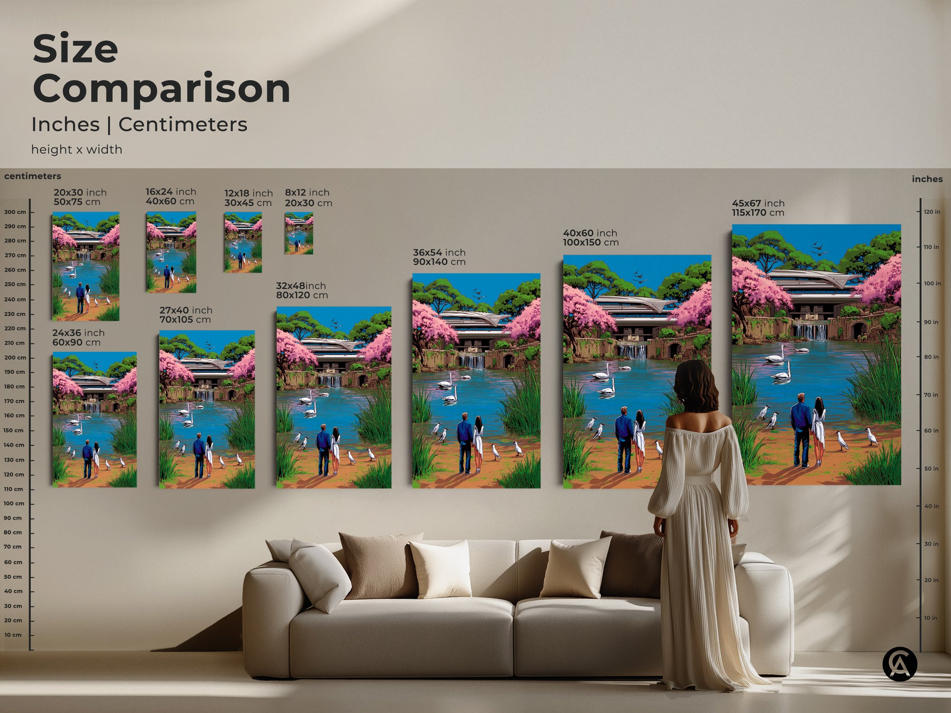 Size Comparison: Romantic Swans Landscape Canvas Print sizes. See how the artwork transforms spaces from small to large. This surreal pop art is perfect as an anniversary gift. Visualize the ideal size for your eclectic home decor.
