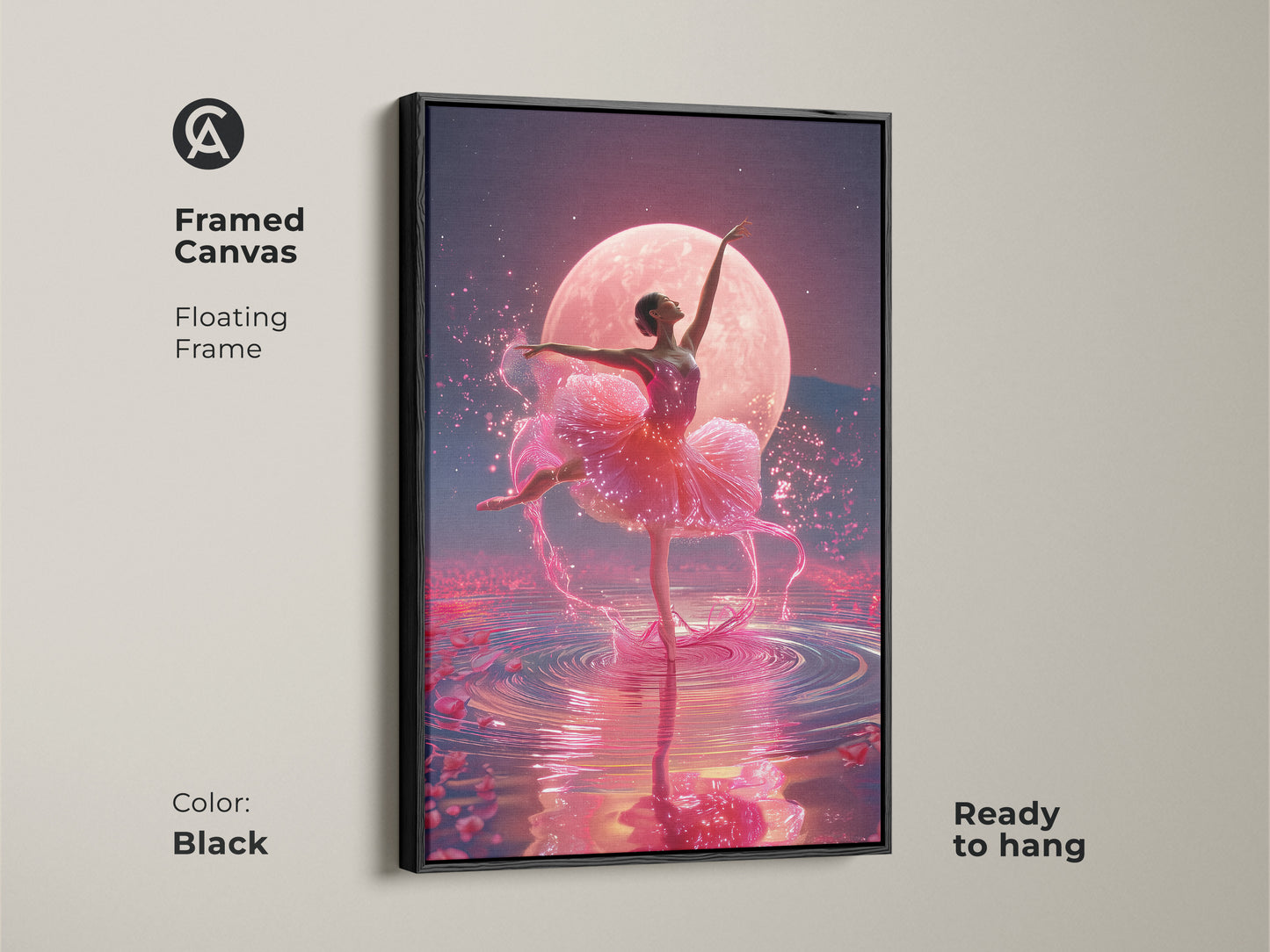 Framed canvas with a floating frame in black showcasing a ballerina under a pink moon ready to hang. This ballet dancer artwork features fuchsia and magenta hues. It's dreamy bedroom decor.