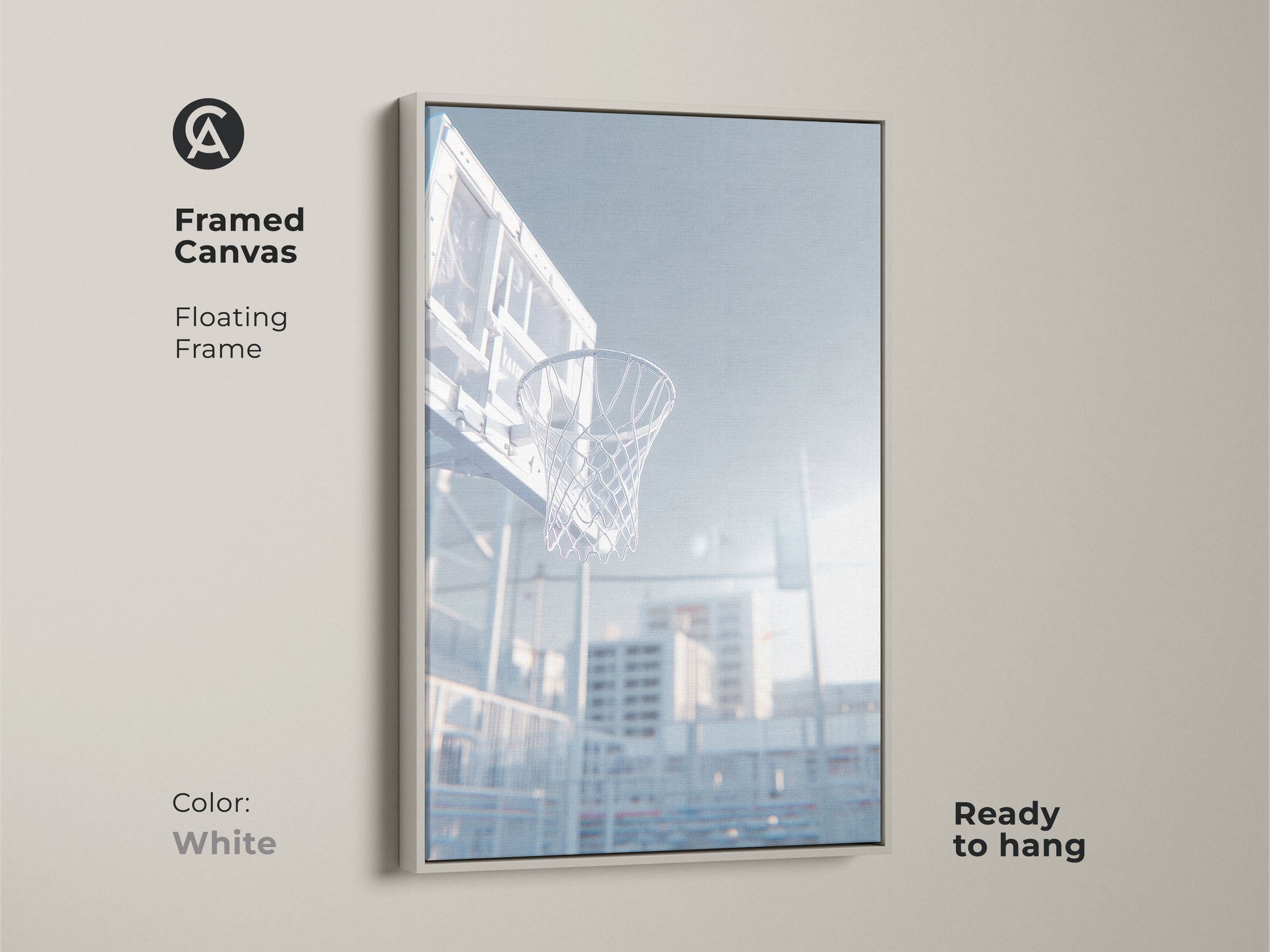 White framed canvas art print of a basketball hoop. This floating frame is ready to hang. The low angle shot captures the net. Sunlight shines through the clear backboard. Decorate your home today.