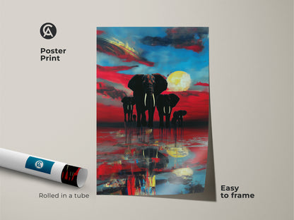 Poster print of abstract elephants reflecting on water at sunset. The crimson sky complements the azure clouds. This animal art is rolled in a tube and easy to frame. Add a unique nature art to your wall decor.