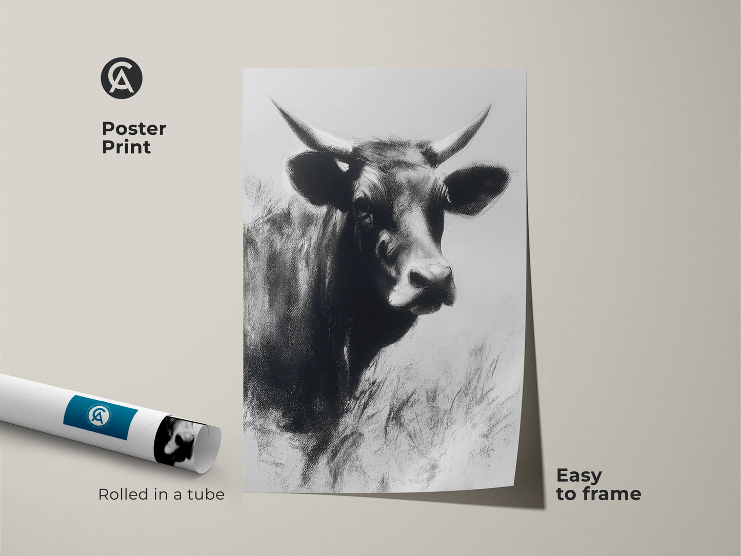 Poster print showcasing a charcoal sketch of a cow. This black and white farm animal print is easy to frame. Rolled in a tube for protection. Perfect minimalist cow portrait for any animal lover.