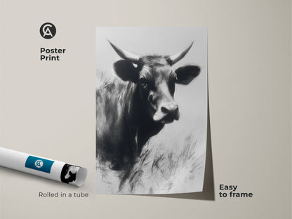 Poster print showcasing a charcoal sketch of a cow. This black and white farm animal print is easy to frame. Rolled in a tube for protection. Perfect minimalist cow portrait for any animal lover.
