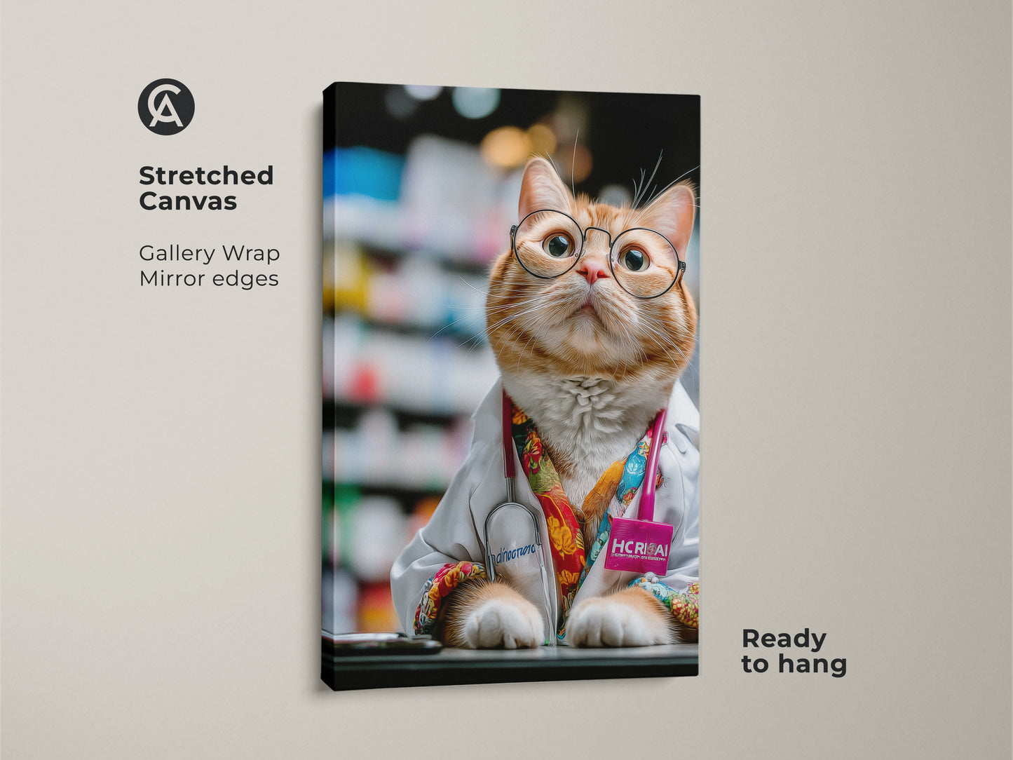 Stretched canvas featuring an orange cat doctor. It's funny animal artwork for office spaces. This piece serves as a unique veterinarian gift. The cat lover wall decor is humorous professional art. This quirky cat portrait is ready to hang.