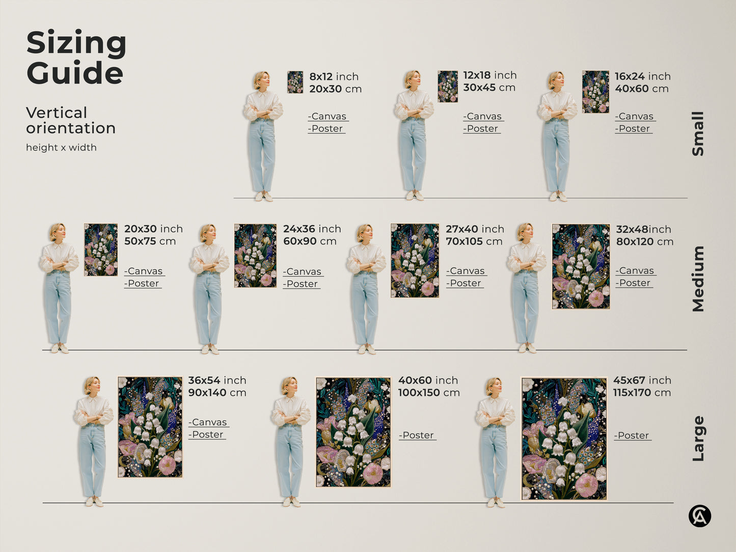 Sizing guide for Lily of the Valley & Tulip Embroidery Art. Vertical orientation options for canvas and poster prints. Available in small medium and large sizes. Perfect for adding pink teal and white floral art to your home.
