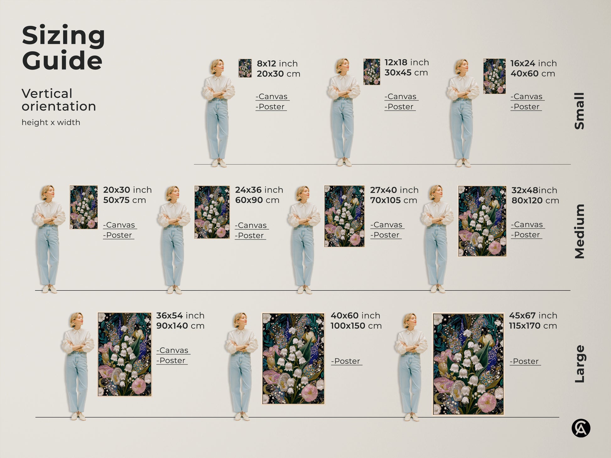 Sizing guide for Lily of the Valley & Tulip Embroidery Art. Vertical orientation options for canvas and poster prints. Available in small medium and large sizes. Perfect for adding pink teal and white floral art to your home.