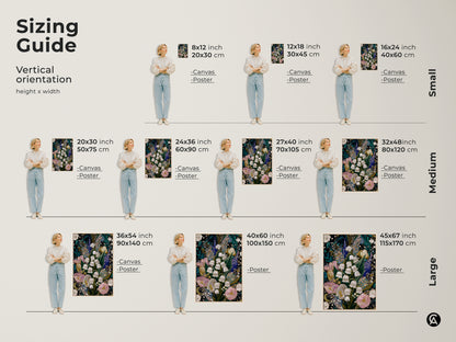 Sizing guide for Lily of the Valley & Tulip Embroidery Art. Vertical orientation options for canvas and poster prints. Available in small medium and large sizes. Perfect for adding pink teal and white floral art to your home.