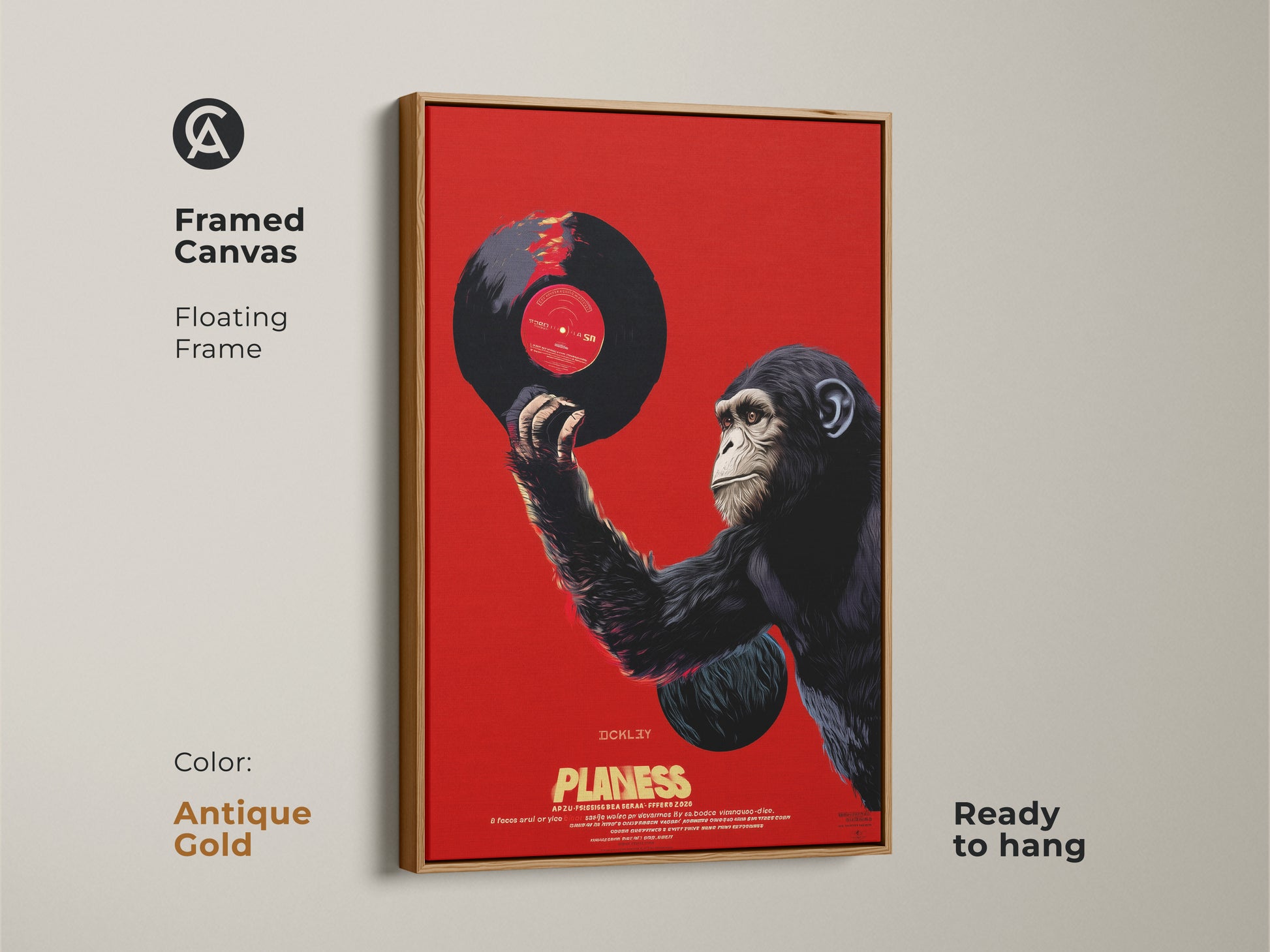 Framed canvas artwork of a chimpanzee holding a vinyl record. The antique gold floating frame adds elegance to this retro pop art. The eclectic music wall art features a dark gray and red animal print. It is a unique gift for him and a birthday gift for record lovers.