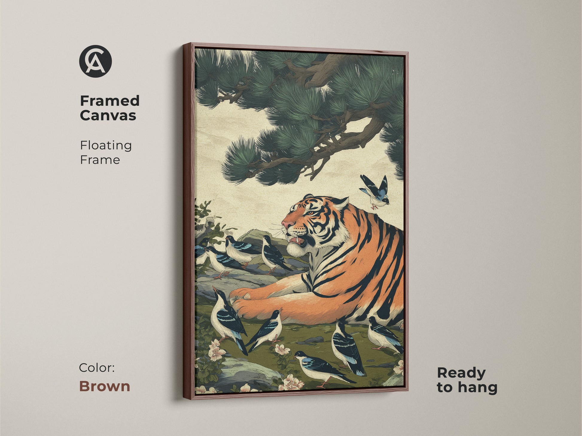 Brown framed canvas art with an Asian-style tiger and birds. Ready to hang this nature inspired wall decor is a great gift idea. The bird and tiger art is perfect for eclectic home decor.