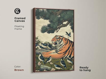 Brown framed canvas art with an Asian-style tiger and birds. Ready to hang this nature inspired wall decor is a great gift idea. The bird and tiger art is perfect for eclectic home decor.