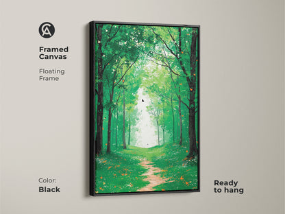 Framed canvas in black displaying the emerald green forest path art. This boho butterfly woodland wall decor is ready to hang. The peaceful nature landscape complements bedroom decor.