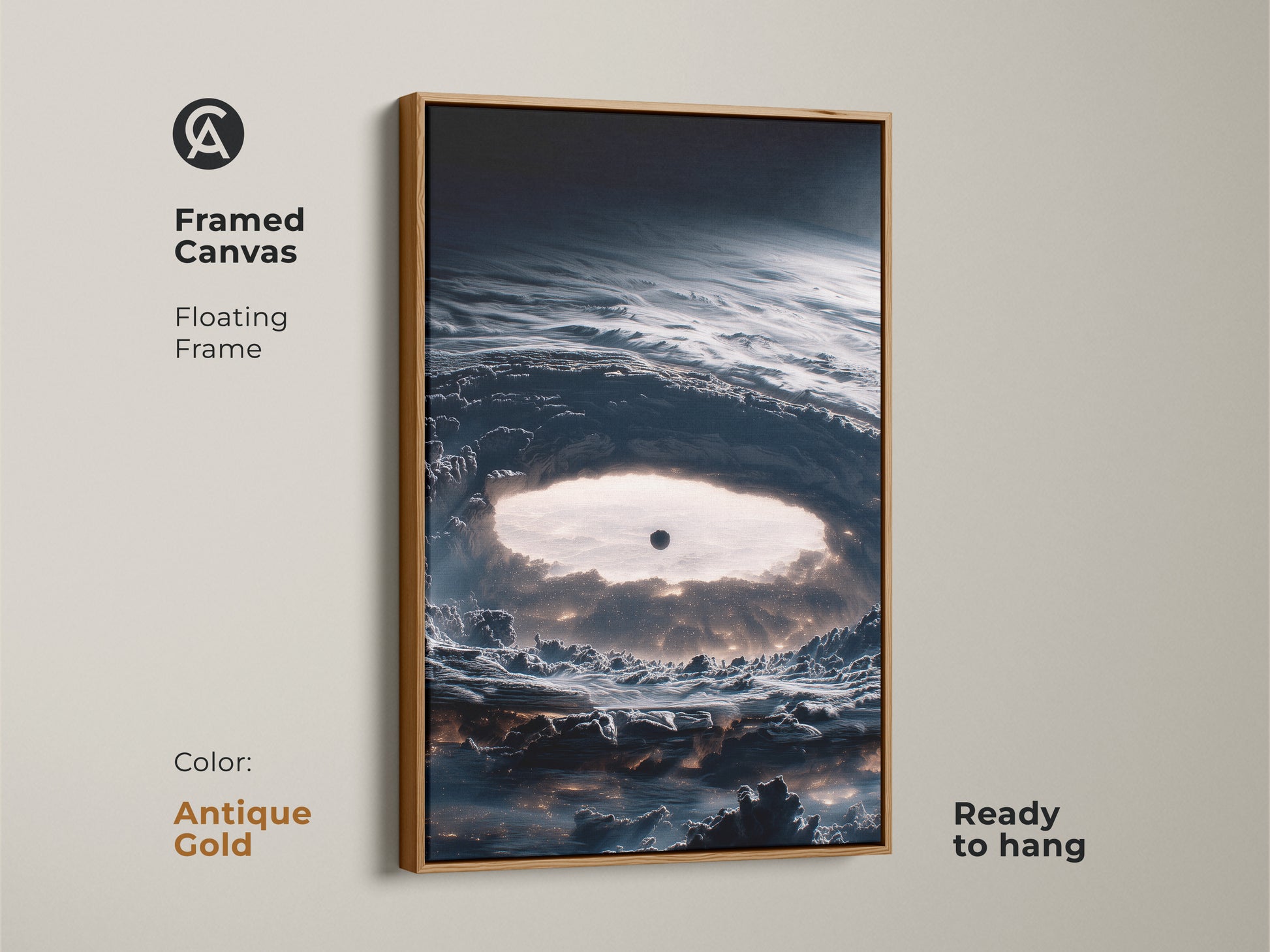 Antique gold framed canvas with abstract space art. This deep navy nebula print offers a sci-fi cosmos artwork ready to hang. A stylish contemporary decor piece it is also a unique gift for stargazers and space lovers.
