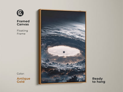 Antique gold framed canvas with abstract space art. This deep navy nebula print offers a sci-fi cosmos artwork ready to hang. A stylish contemporary decor piece it is also a unique gift for stargazers and space lovers.