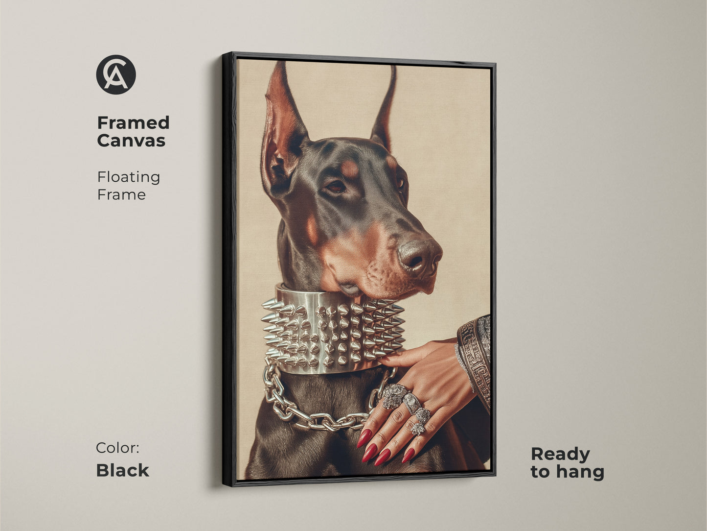 Enhance your space with this framed canvas featuring a Doberman in a spiked collar. The floating frame in black adds a modern touch. The artwork is ready to hang. This pet portrait art print is a unique gift for Doberman owners. Dark academia wall decor.