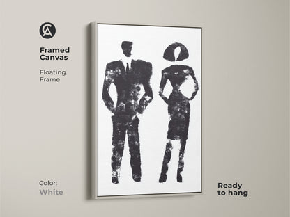 A close-up shot of black and white abstract art featuring a man and woman. This minimalist canvas art is perfect for modern office decor. A contemporary and stylish business gift option.
