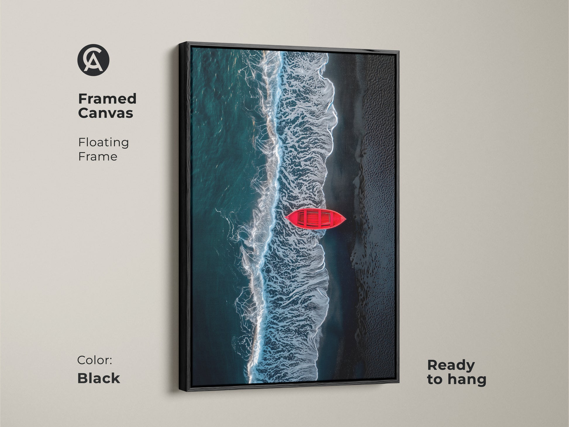 Framed canvas art of a red boat on a beach with black floating frame. Ocean waves crash in this ready to hang artwork. The frame is black. Add a touch of the coast to your space.