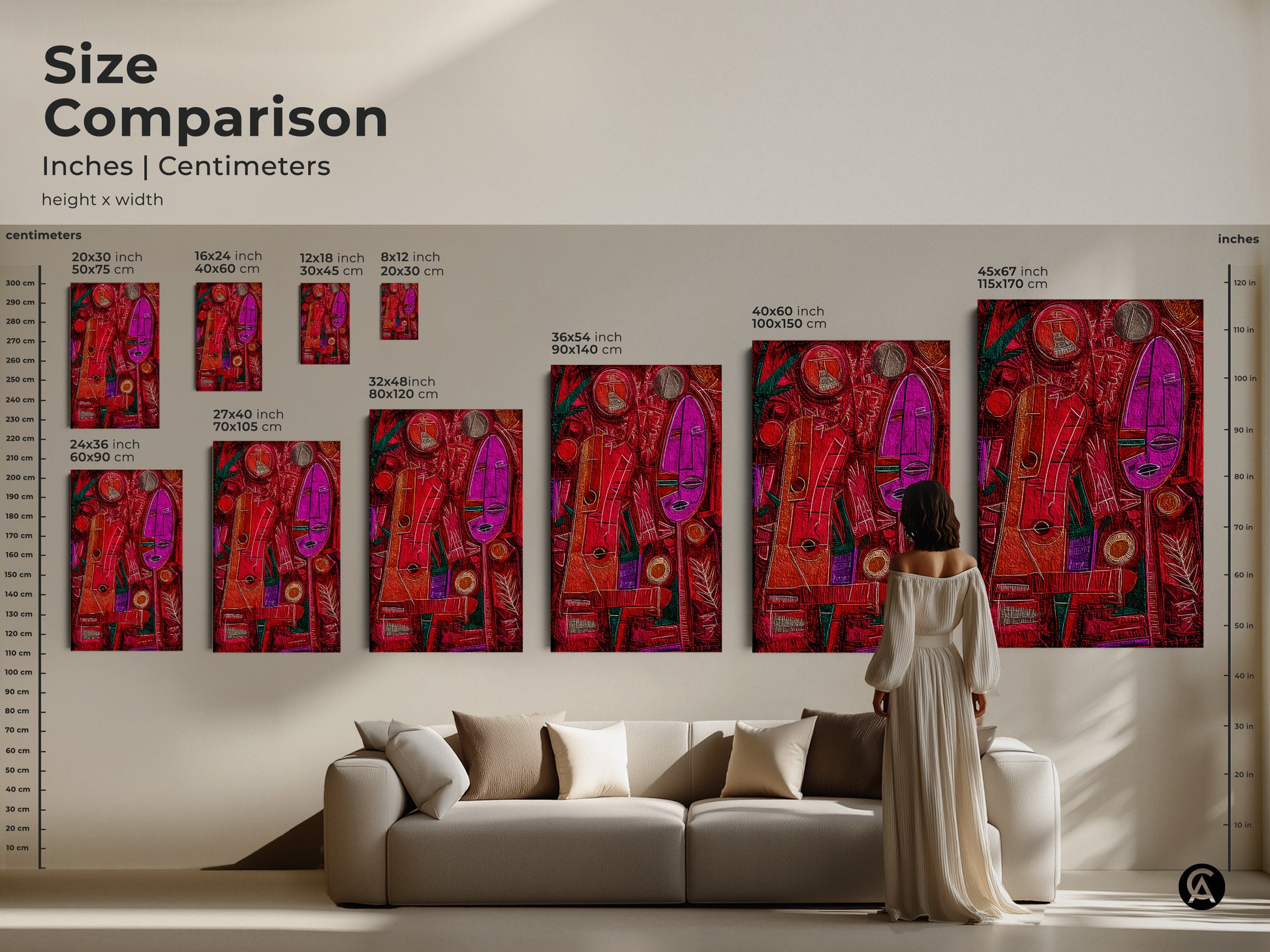 Size comparison showcases abstract art canvas prints in a living room setting. Inches and centimeters are included to show size differences. Visualize the impact of art with this size comparison tool.