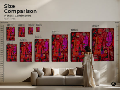 Size comparison showcases abstract art canvas prints in a living room setting. Inches and centimeters are included to show size differences. Visualize the impact of art with this size comparison tool.