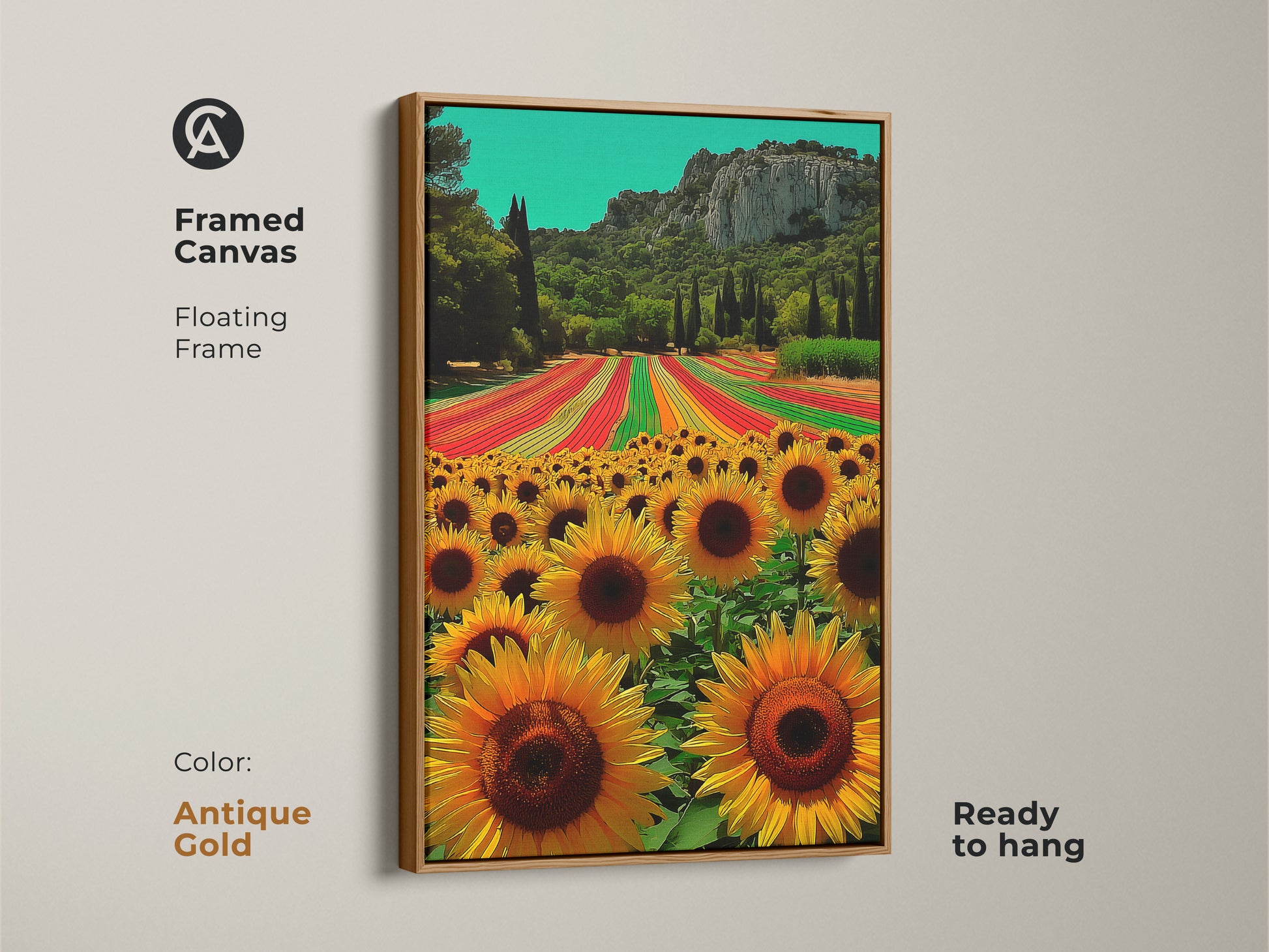 Framed canvas artwork of a sunflower field. Boho home decor featuring yellow and orange tones. The summer field wall decor is ready to hang. Antique gold floating frame shown.