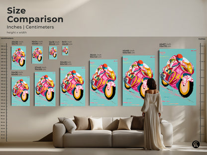 A size comparison shows motorcycle artwork from small to large above a sofa. A great way to visualize the artwork in a living room or studio. Great transport themed wall decor.