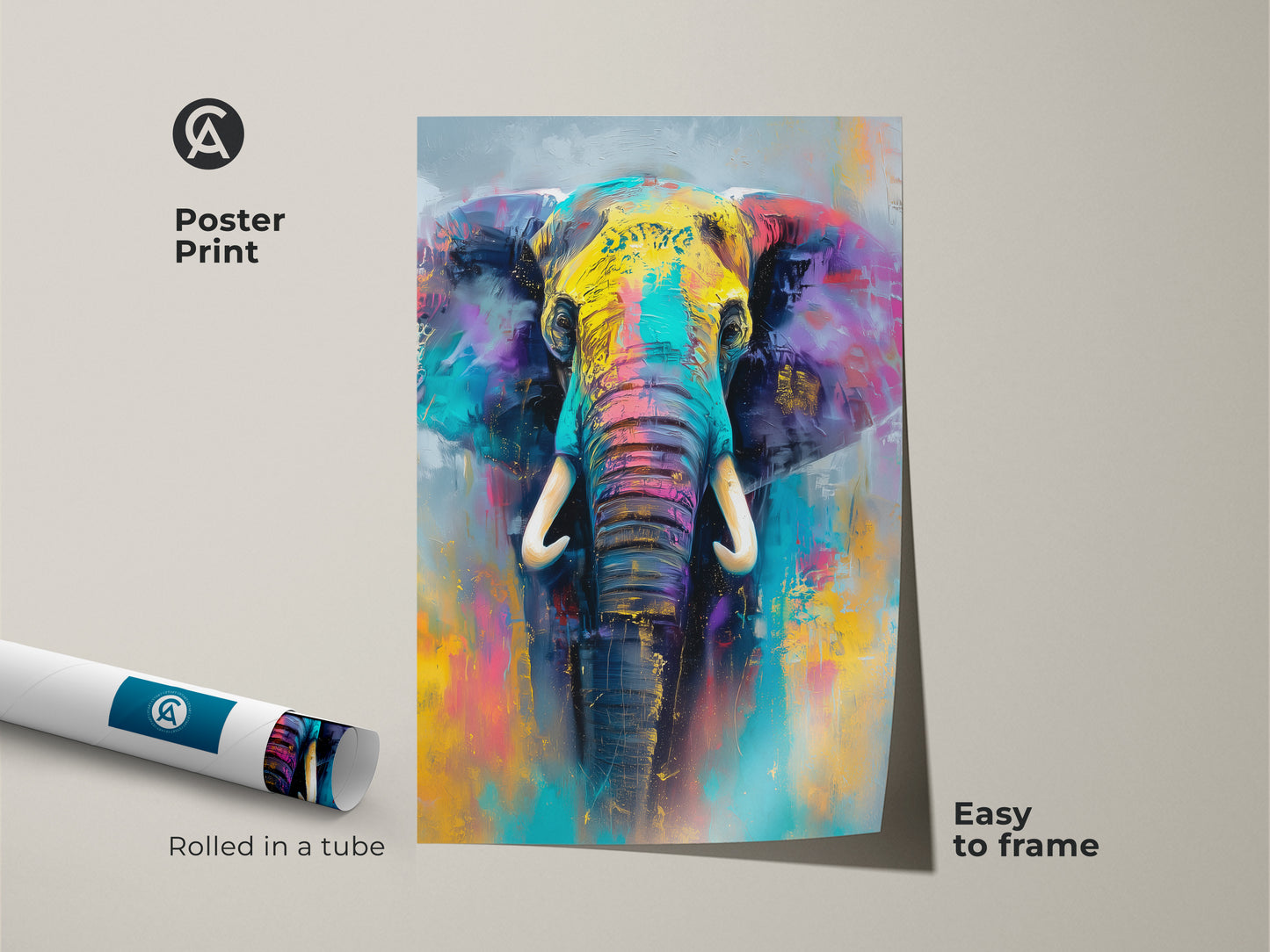 Museum-quality poster print of a vibrant elephant painting. This artwork arrives rolled in a tube making it easy to frame. Add a splash of color and wildlife charm to your walls with this stunning piece.