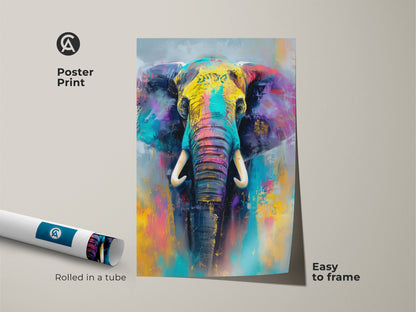 Museum-quality poster print of a vibrant elephant painting. This artwork arrives rolled in a tube making it easy to frame. Add a splash of color and wildlife charm to your walls with this stunning piece.