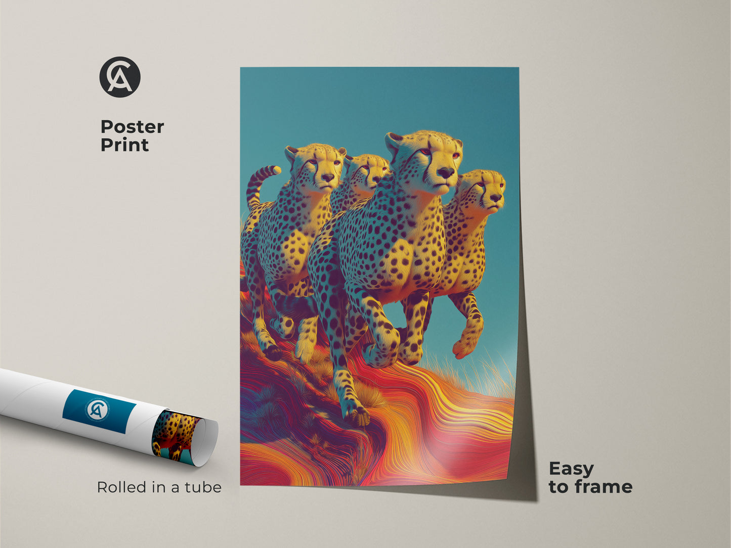 The poster print shows a cheetah running. This safari wildlife wall artwork comes rolled in a tube and is easy to frame. It features a yellow blue red animal print. A great housewarming gift idea for eclectic home decor. This animal portrait is stunning.