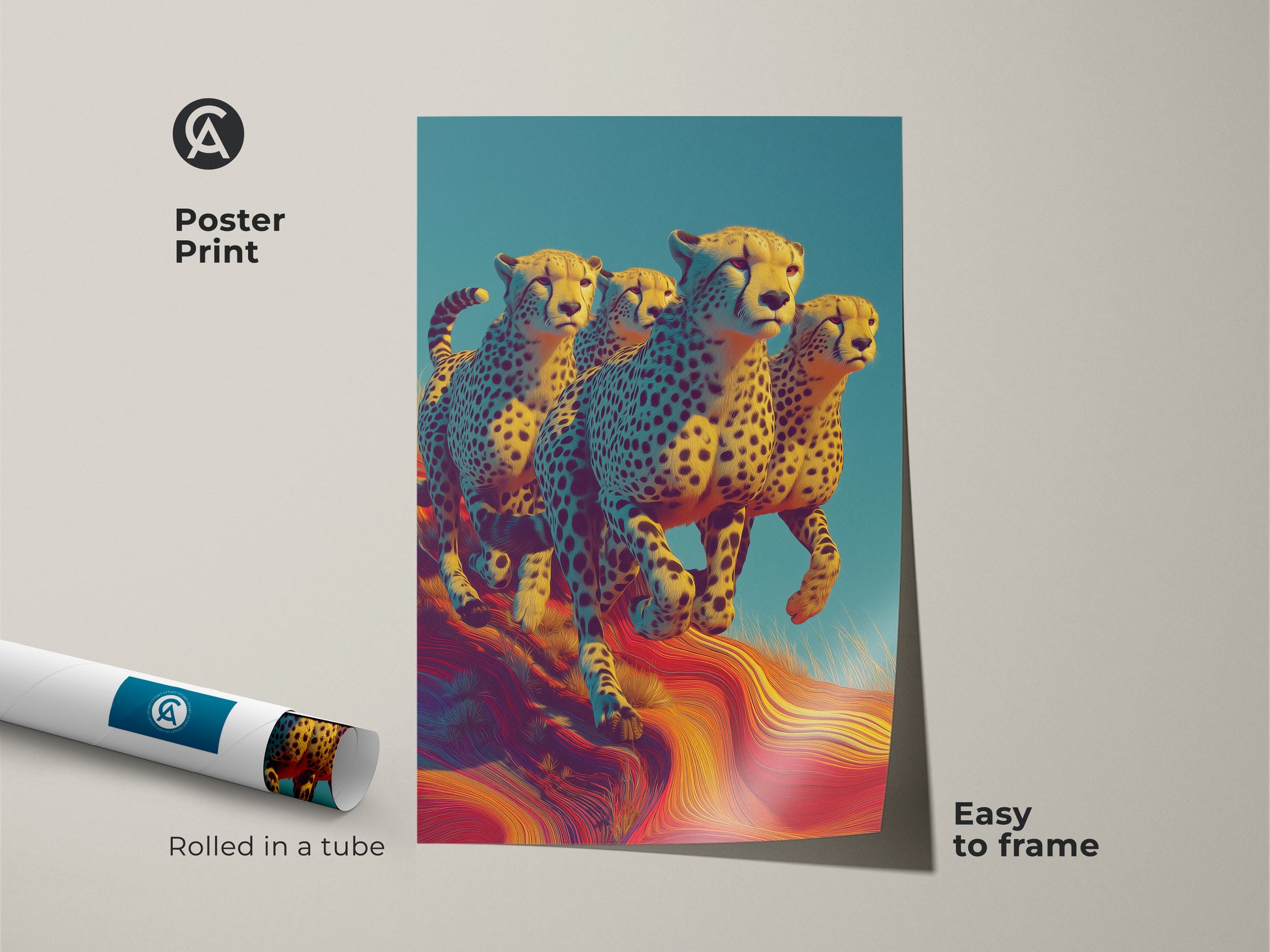 The poster print shows a cheetah running. This safari wildlife wall artwork comes rolled in a tube and is easy to frame. It features a yellow blue red animal print. A great housewarming gift idea for eclectic home decor. This animal portrait is stunning.