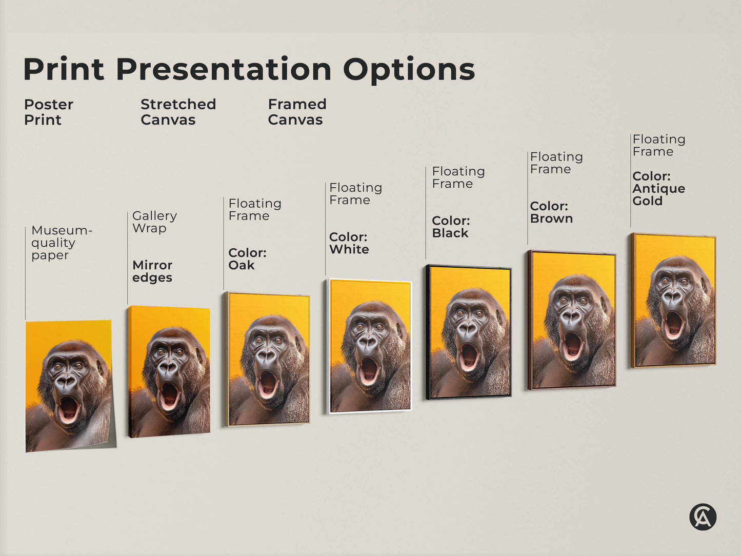 Print presentation options for realistic gorilla artwork. Options include poster print stretched canvas and framed canvas. It features a yellow orange background.