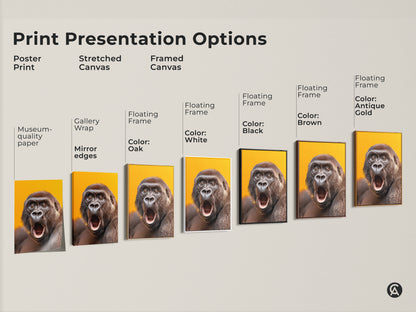 Print presentation options for realistic gorilla artwork. Options include poster print stretched canvas and framed canvas. It features a yellow orange background.