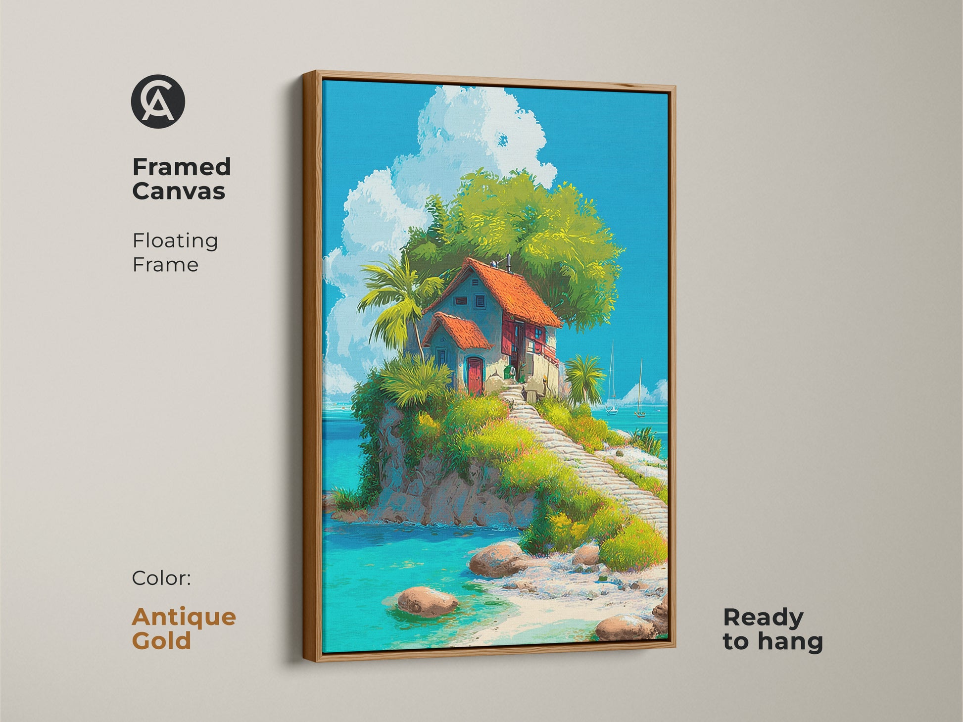 Framed canvas island artwork with an antique gold floating frame. The artwork shows a charming house on a tropical island. The antique gold frame adds elegance. The canvas is ready to hang. Buy this framed art for a touch of luxury. The art is perfect for coastal themed decor.