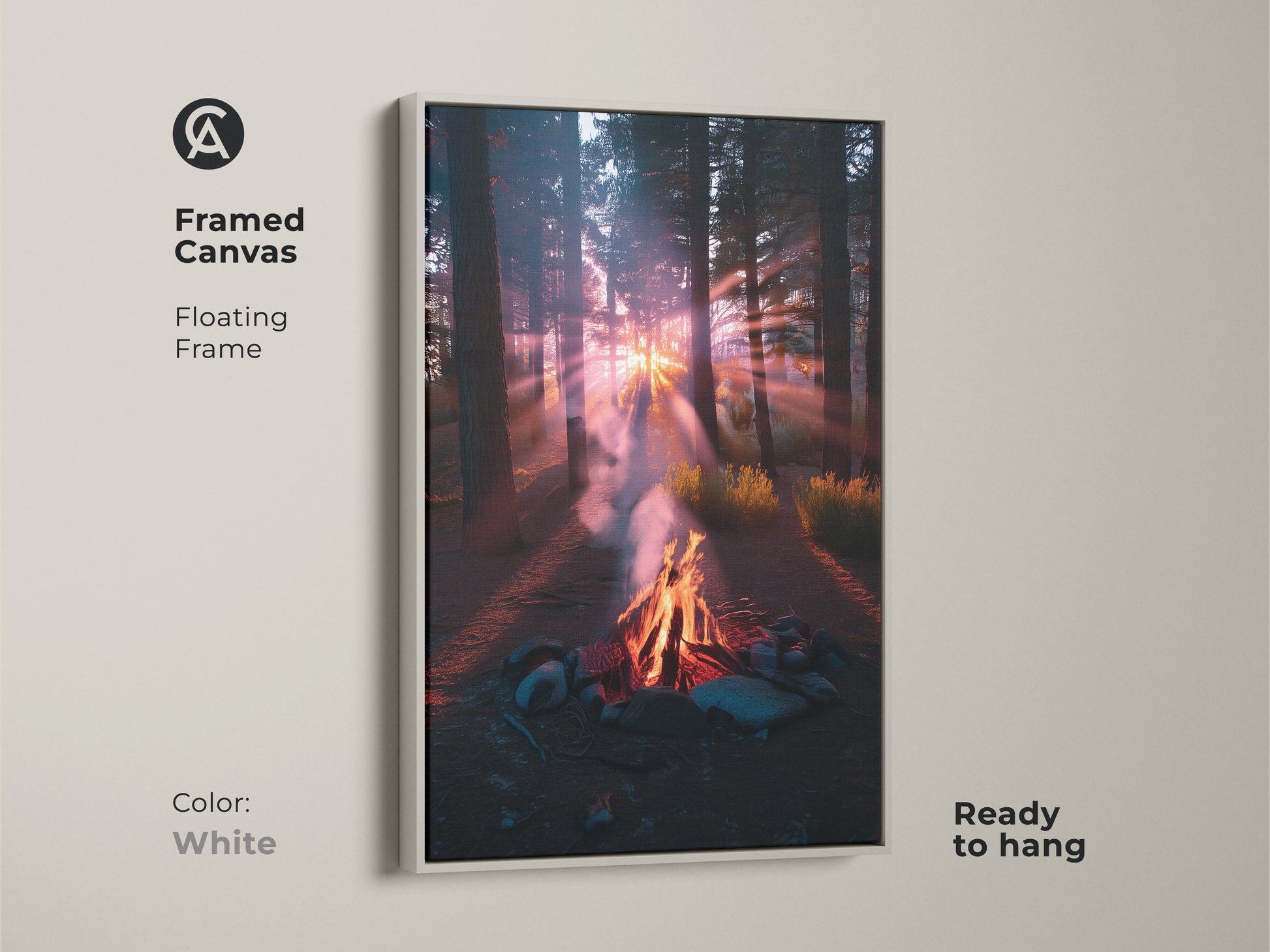 White floating frame enhances this campfire forest sunset artwork. The cozy landscape canvas print is perfect for bedroom decor. The golden hour forest art creates a serene atmosphere. A great gift for those who love the great outdoors.