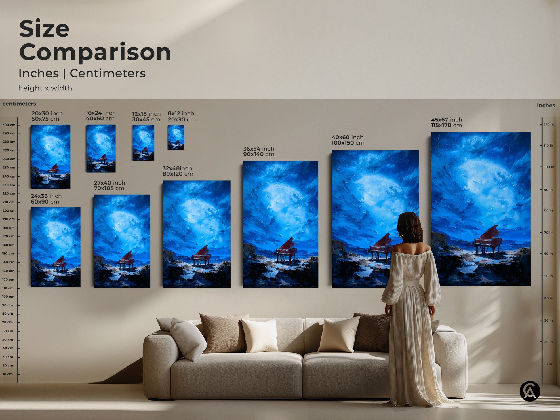 Size comparison of surreal grand piano wall art. Inches and centimeters are shown for each size. Options range from 20x30 inch to 45x67 inch. Visualize the scale with a model and sofa. This artwork features a dreamy sky and crimson red piano. Transform your living room with this eclectic piece.
