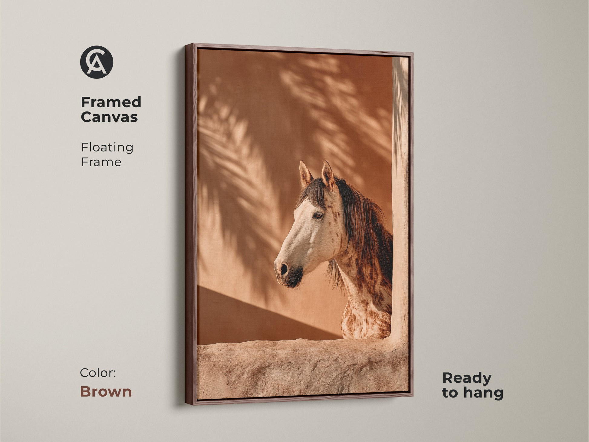 Framed canvas featuring photorealistic horse artwork in a brown floating frame. Boho terracotta wall art with palm fronds creates an equestrian bedroom decor. Ready to hang animal portrait wall hanging. Ideal gift for horse lovers seeking warm tone animal art.