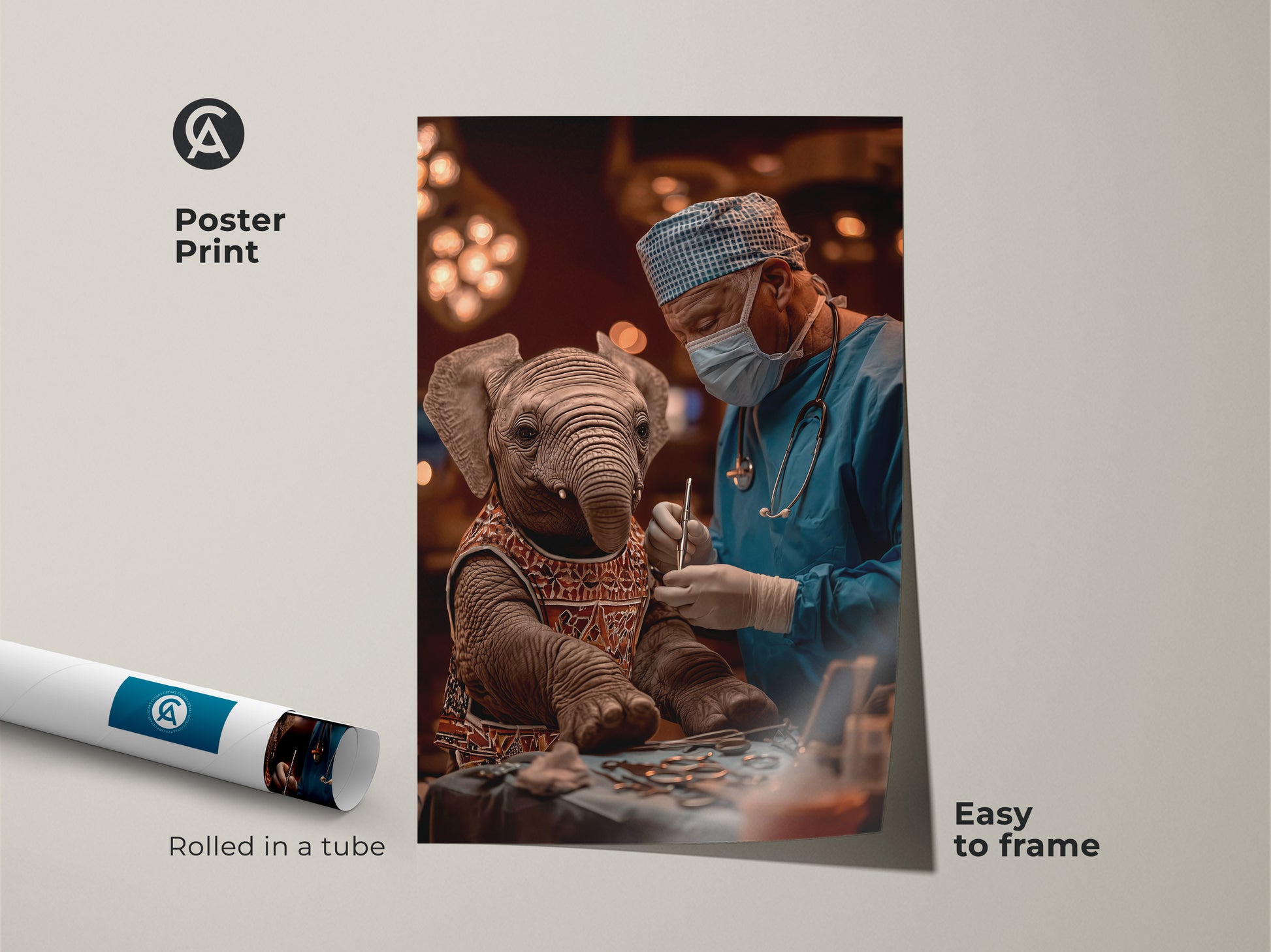 An Elephant Surgeon Poster Print. It is a surreal medical art print that comes rolled in a tube. This veterinary office decor showcases a unique blend of art and medicine. The blue and brown animal art is quirky and eclectic. Easy to frame and perfect as a gift for veterinarians or medical professionals.