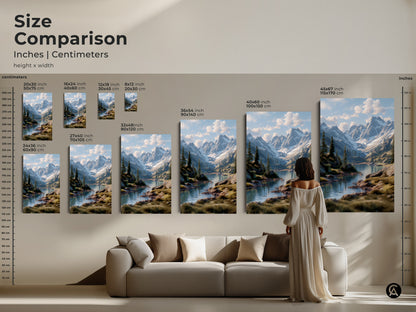 Size comparison of mountain lake artwork in inches and centimeters. See how different sizes fit above a couch. Choose from various canvas and poster prints. Find the perfect scale for your space. Elevate your home decor with this scenic landscape art.