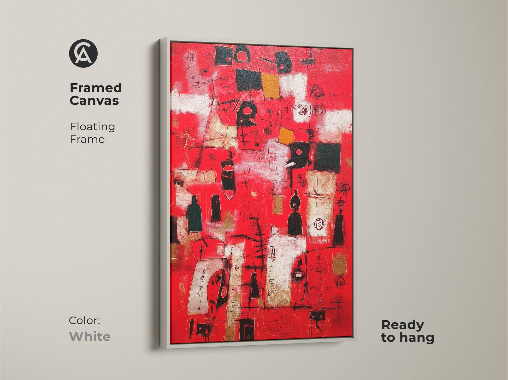 Framed canvas with a floating frame in white. This abstract artwork is ready to hang. The red and white art offers a contemporary touch. It’s perfect for modern interiors. The sleek frame enhances the overall aesthetic.