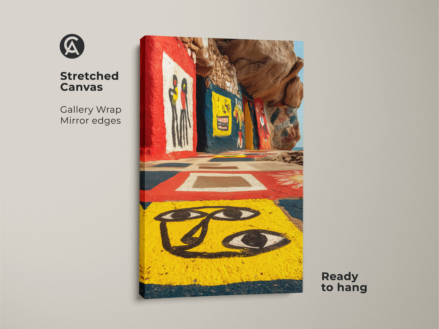 Experience our art brut figurative print on a stretched canvas. This gallery wrap canvas features mirror edges. The yellow red blue faces canvas offers eclectic home decor. It's ready to hang bringing outsider art to your wall art collection.