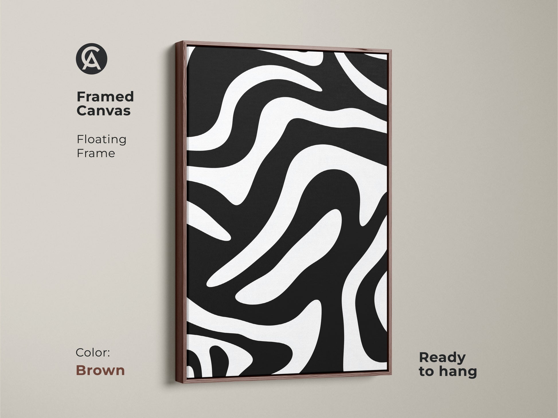 Framed canvas featuring an abstract zebra waves pattern with a brown floating frame. The black and white art adds a modern touch. This contemporary wall art is ready to hang.