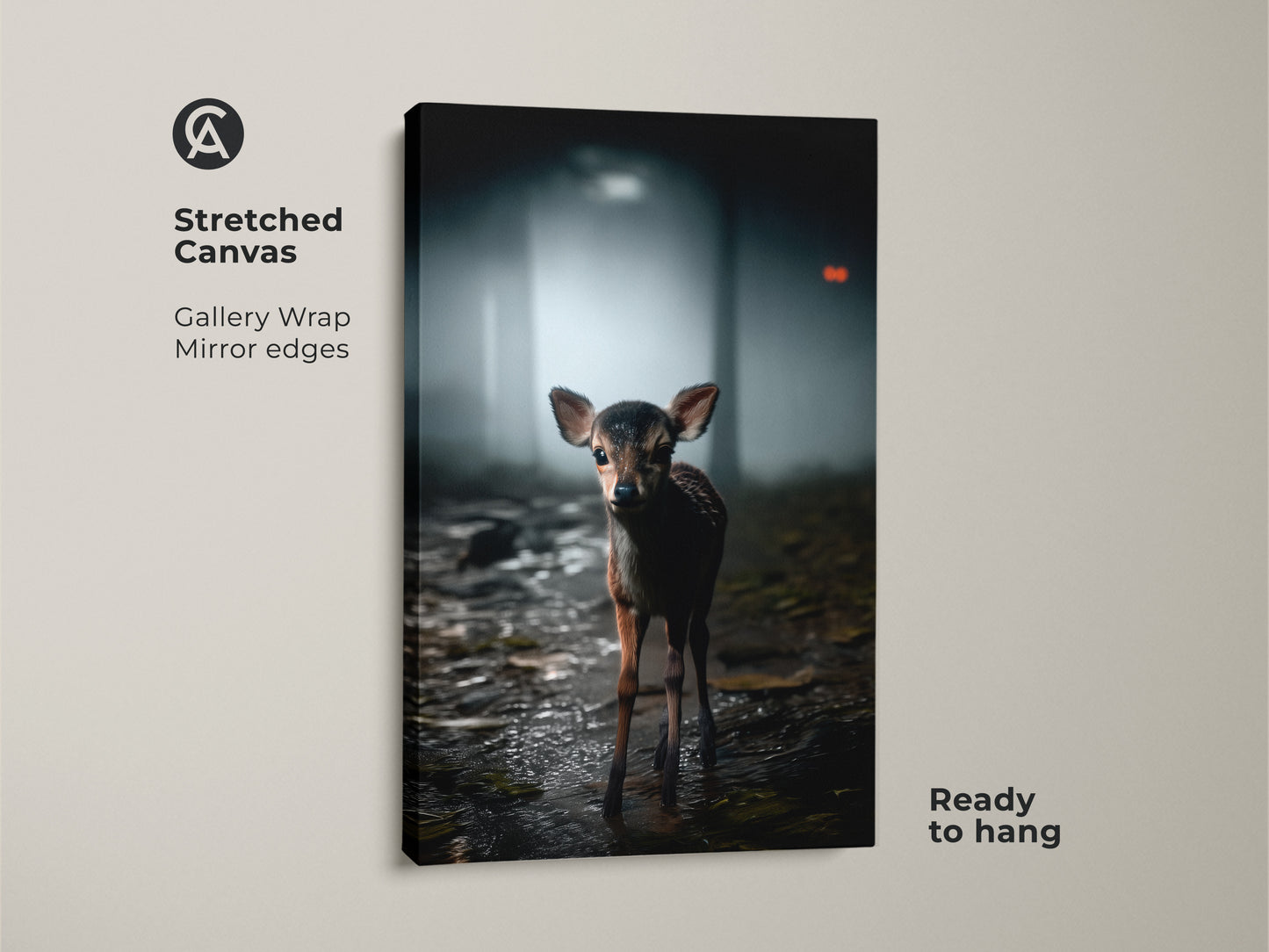 A stretched canvas gallery wrap features a photorealistic fawn. The baby deer is set against a misty forest background. Ready to hang this rustic woodland wall art brings nature indoors. It creates a cozy animal nursery decor for deer lovers with mirror edges.