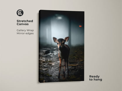 A stretched canvas gallery wrap features a photorealistic fawn. The baby deer is set against a misty forest background. Ready to hang this rustic woodland wall art brings nature indoors. It creates a cozy animal nursery decor for deer lovers with mirror edges.