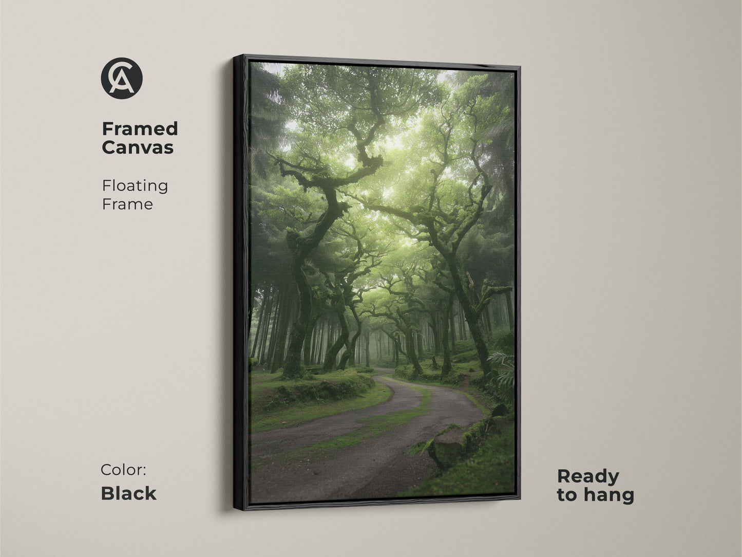 Framed canvas features a misty forest with emerald green trees lining a winding path. The black floating frame enhances the enchanted woodland path. This nature landscape canvas is ready to hang. Its boho aesthetic brings serene beauty to any room