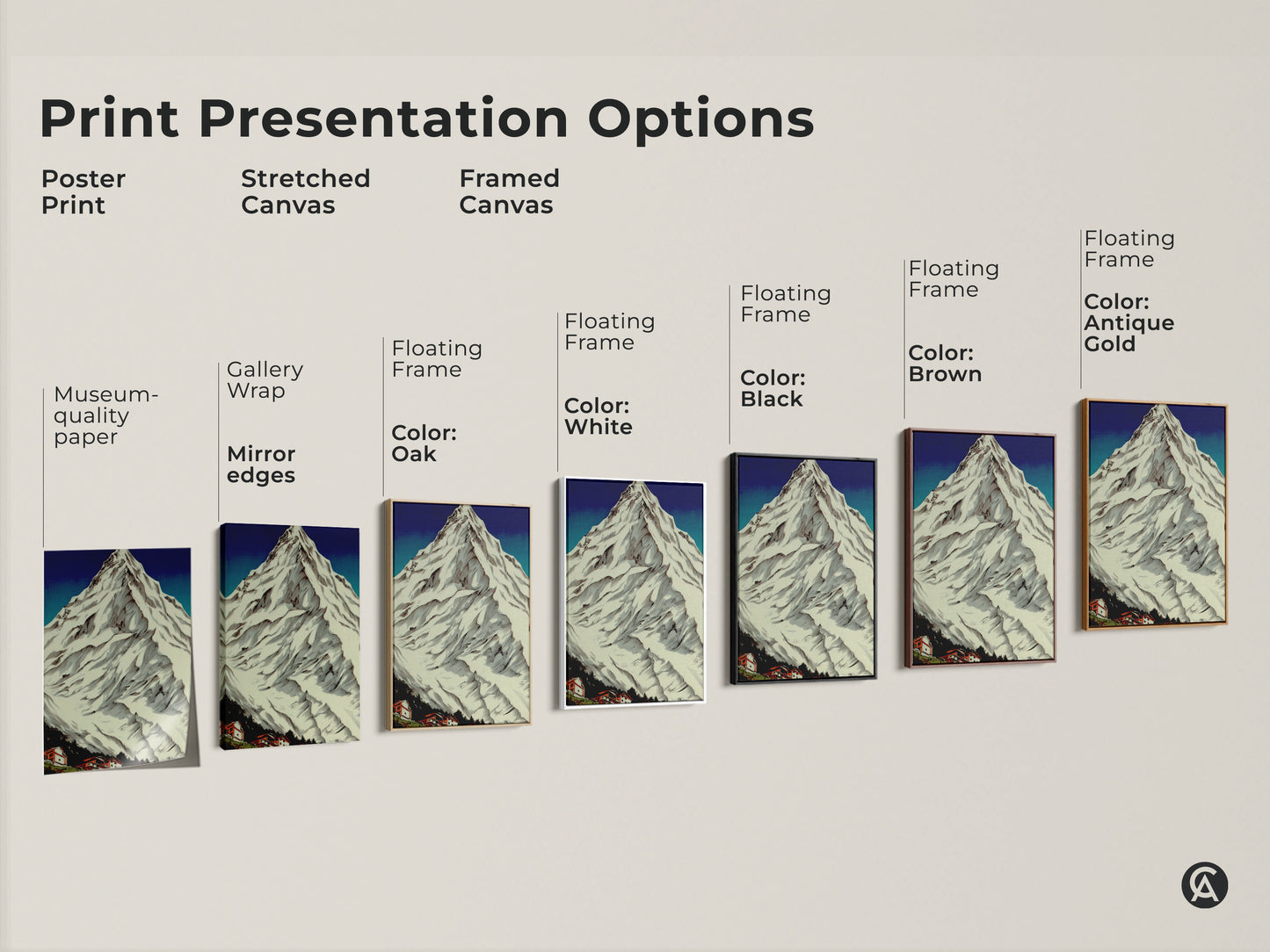 Print presentation options for the canvas art. The artwork features a rustic mountain village and snowy peaks landscape. Select from poster print or stretched canvas. Framed canvas options in black brown white and antique gold available. This outdoor lover gift will look great.