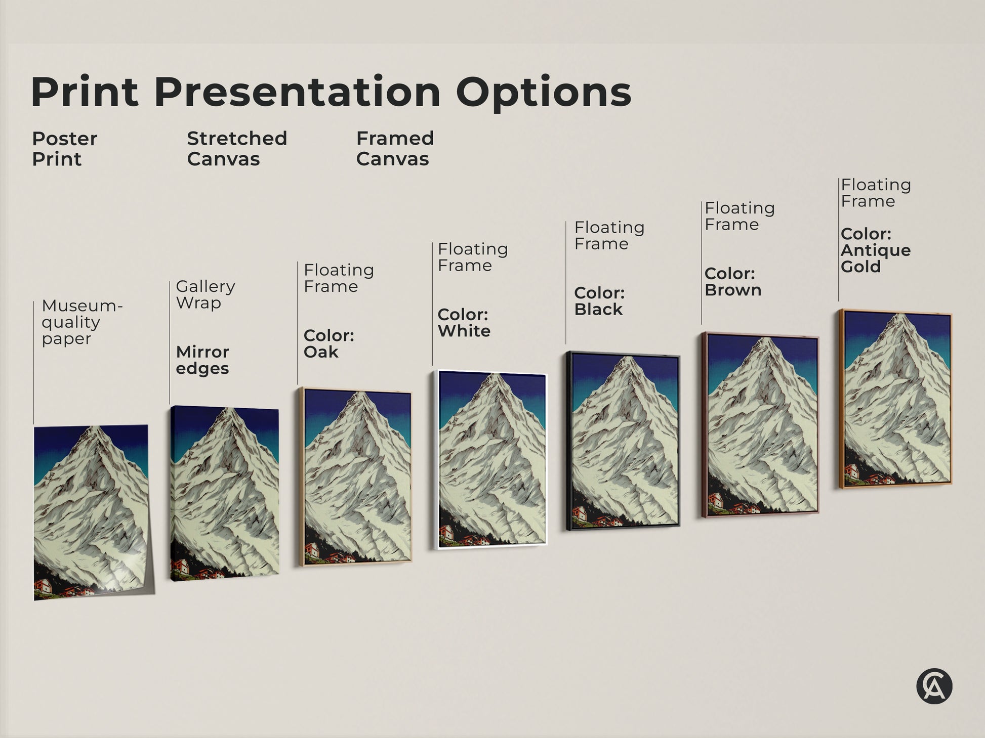 Print presentation options for the canvas art. The artwork features a rustic mountain village and snowy peaks landscape. Select from poster print or stretched canvas. Framed canvas options in black brown white and antique gold available. This outdoor lover gift will look great.