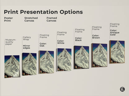 Print presentation options for the canvas art. The artwork features a rustic mountain village and snowy peaks landscape. Select from poster print or stretched canvas. Framed canvas options in black brown white and antique gold available. This outdoor lover gift will look great.