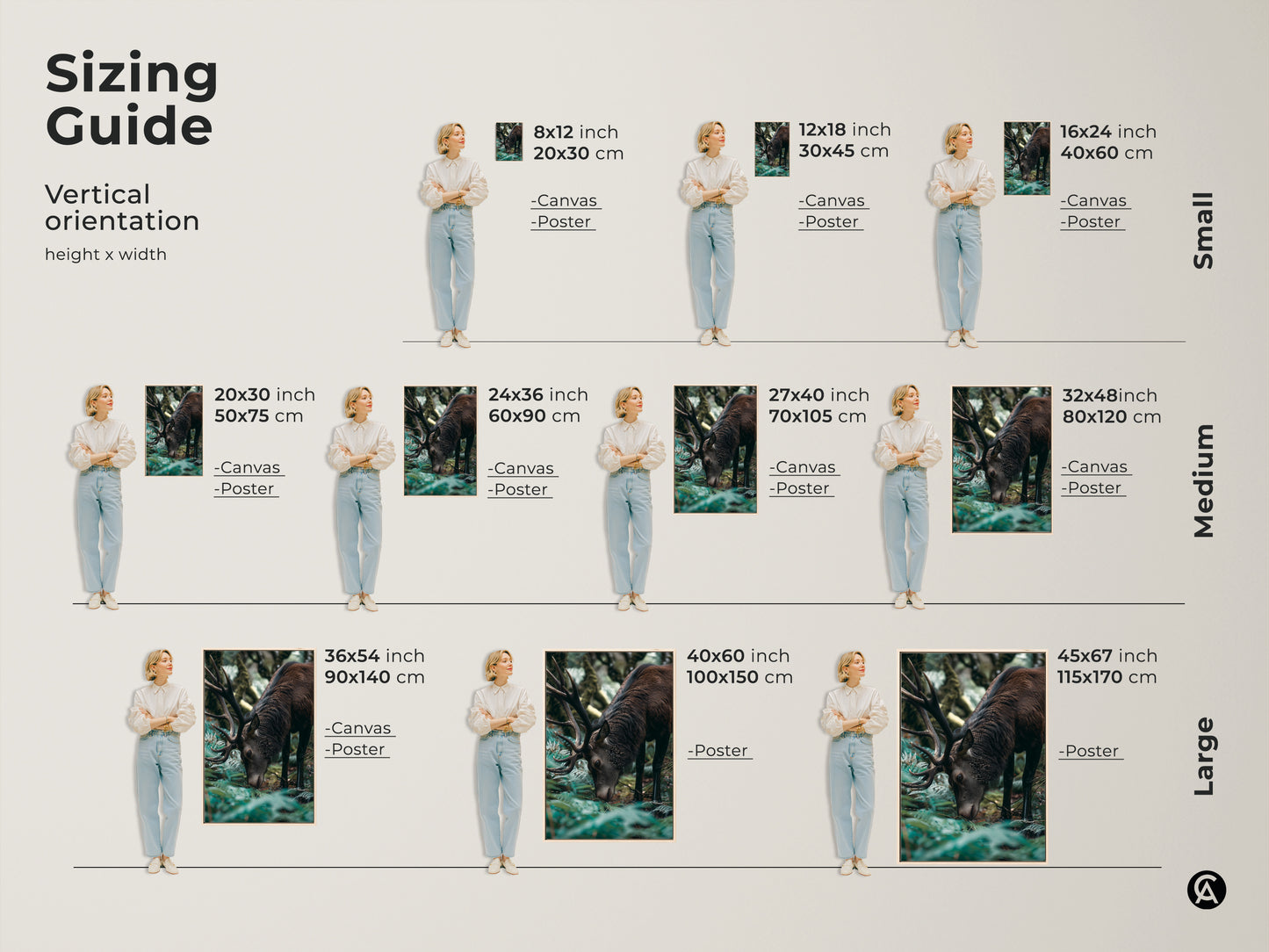 Sizing guide for elk canvas and poster prints. Visualize different sizes of this rustic forest green art. See how the photorealistic deer artwork fits in various spaces. Find the perfect size for your home decor.