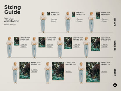 Sizing guide for elk canvas and poster prints. Visualize different sizes of this rustic forest green art. See how the photorealistic deer artwork fits in various spaces. Find the perfect size for your home decor.