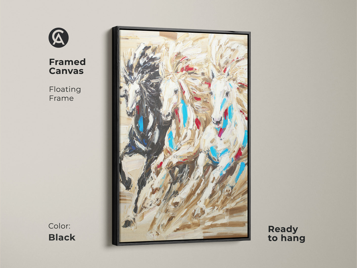 Framed canvas featuring three horses. The black floating frame enhances the spiritual animal artwork. It is ready to hang and adds an eclectic touch. This is a native american inspired decor.