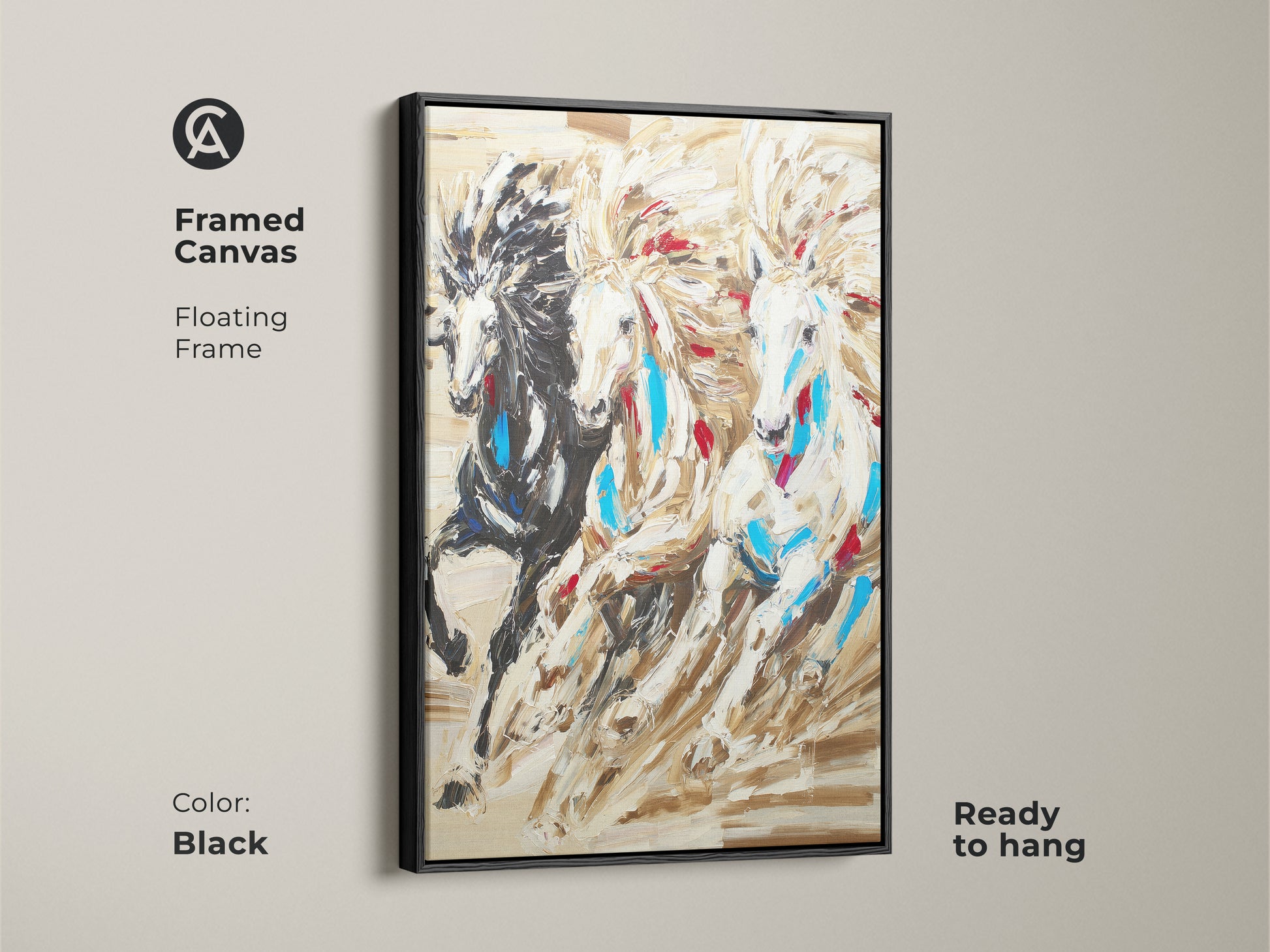 Framed canvas featuring three horses. The black floating frame enhances the spiritual animal artwork. It is ready to hang and adds an eclectic touch. This is a native american inspired decor.