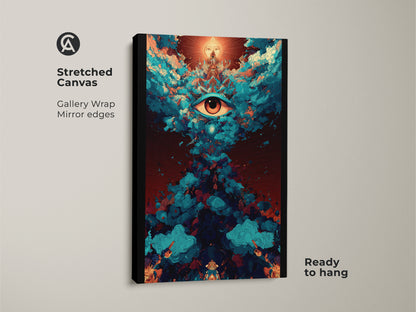 Stretched canvas art with a surreal eye print. Gallery-wrapped psychedelic artwork with mirrored edges creates depth. Ready-to-hang spiritual abstract art enhances any space. Teal and orange hues bring cosmic energy. Ideal eclectic home decor.