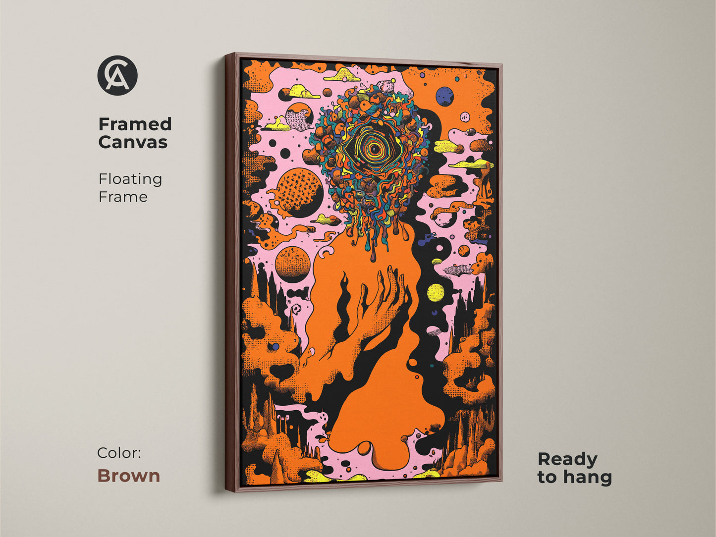 Framed canvas showcasing an abstract head art piece with an orange eye. This surrealism painting features a floating brown frame. Ideal for eclectic office decor or as a unique home decor piece. The vibrant wall art enhances any art collector's space.